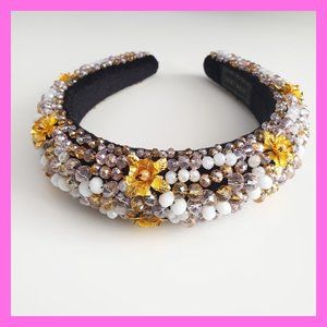 Padded Headband Crystal Beaded Gold Pink Boho Goddess Photoshoot Women Handmade